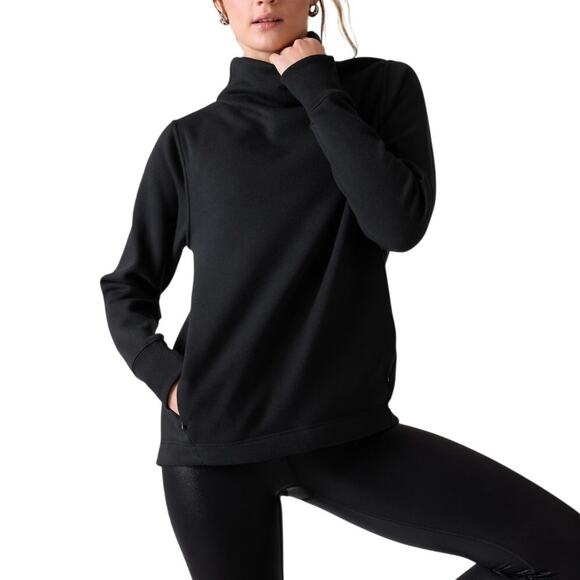 Athleta Cozy Karma Twist Neck Sweatshirt Black Womens XS Thumb Holes Athleisure - Picture 1 of 13